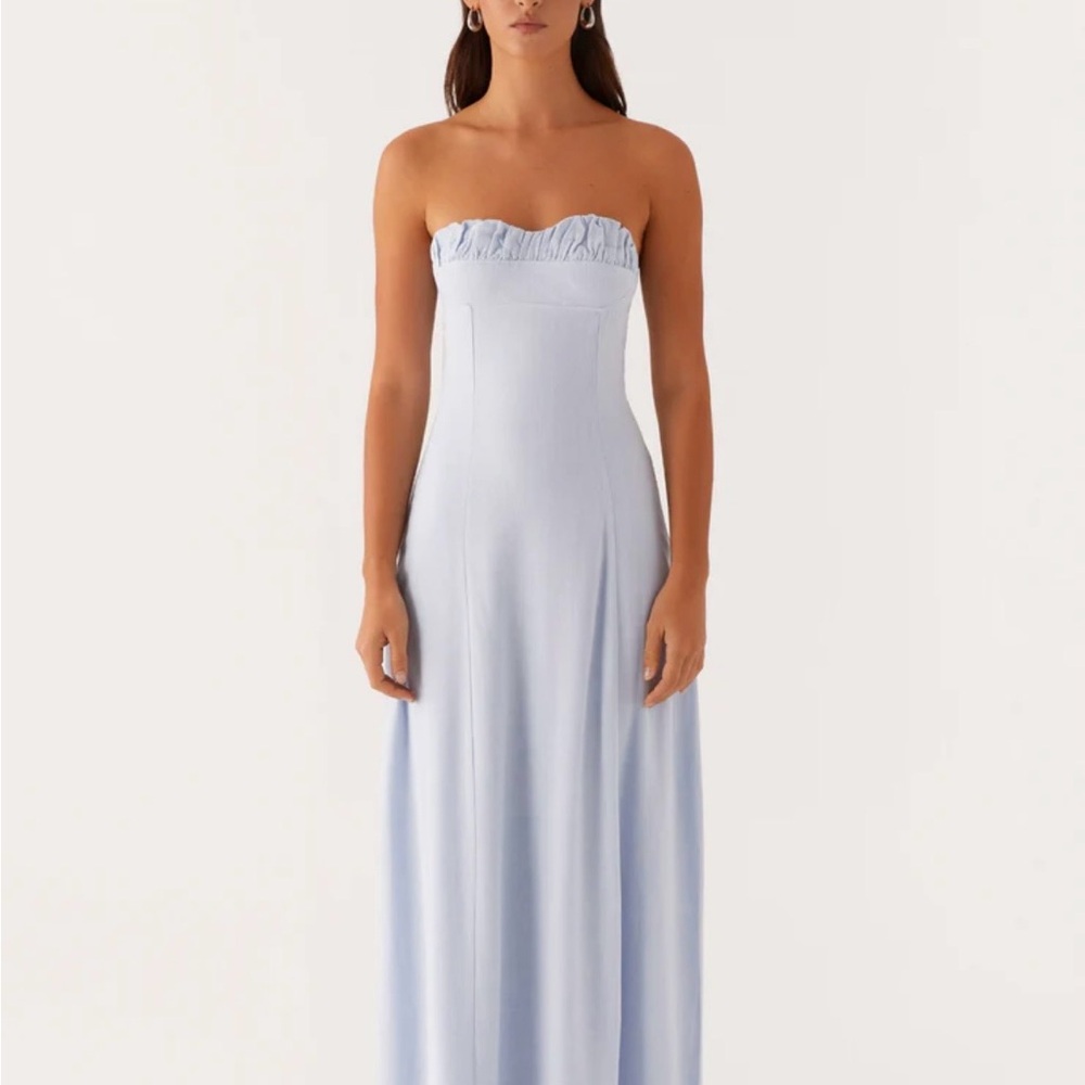 Peppermayo Light Blue Strapless Ruffle Maxi Dress